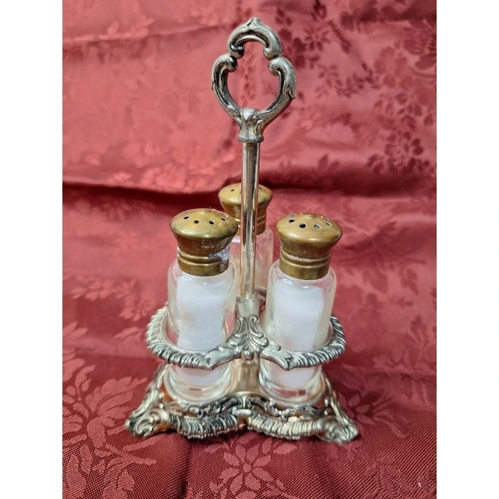 Vintage Ornate Silver Tone Condiment Caddy with 3 Glass Shakers Brass Lids